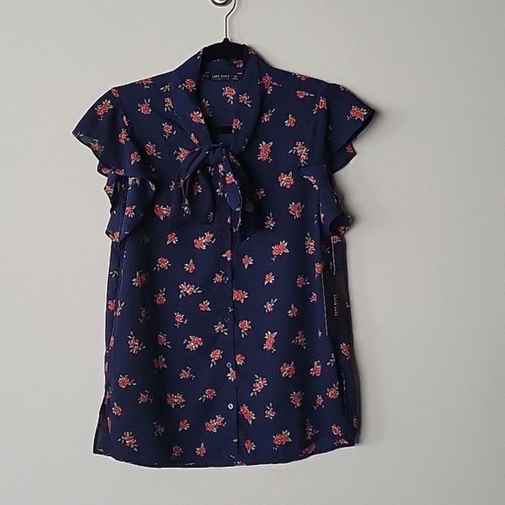 NWT Zara XS Navy Sheer 50s Coquette Neck Tie BOW Ruffle Cottagecore Blouse Top